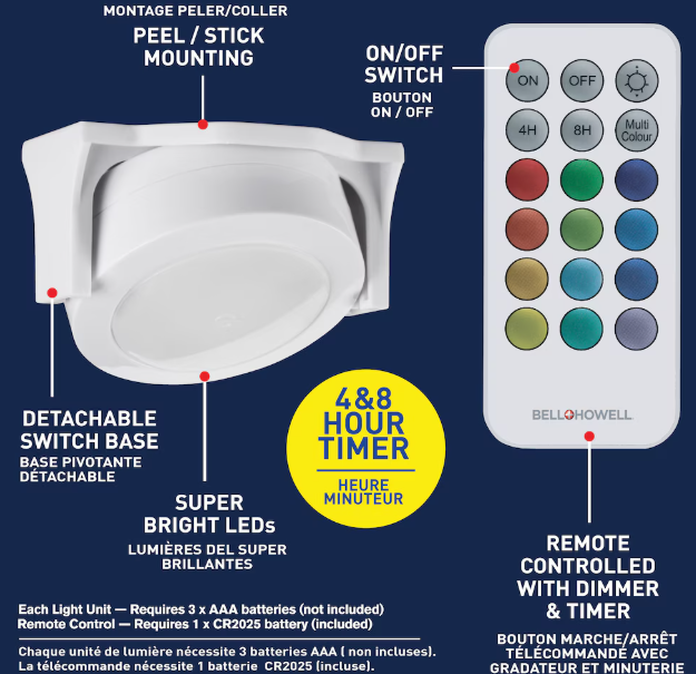 Bell + Howell 3-inch Color Changing Swivel LED Puck Lights with Remote
