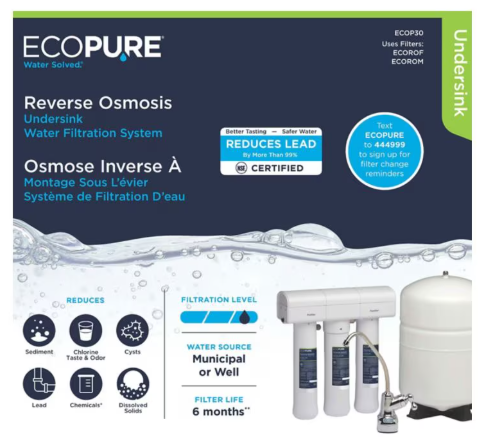EcoPure Reverse Osmosis Undersink Chlorine, Lead, and Microbe Water Filtration System