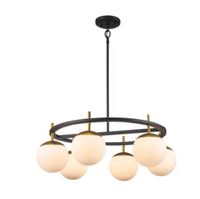 6-Light 24.25" Black and Gold Mid-Century Modern Chandelier with Glass Globes