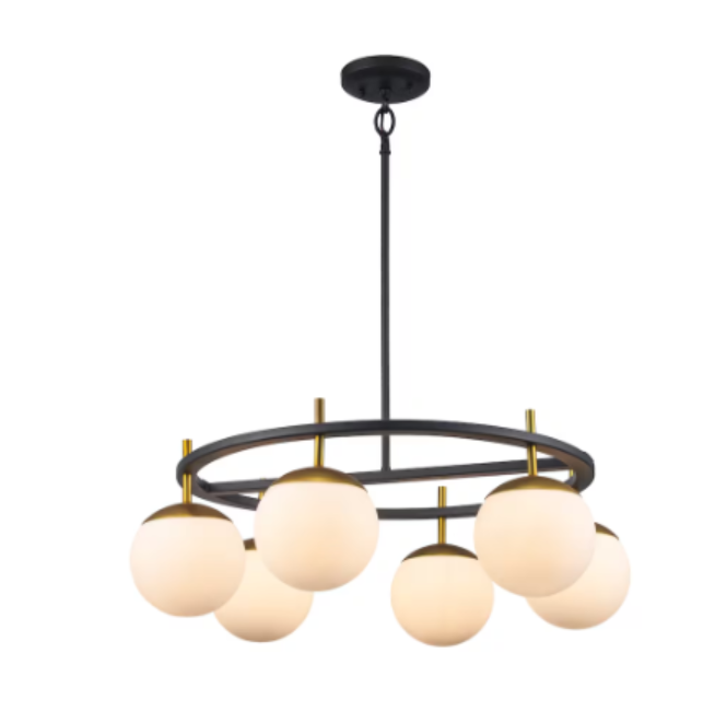 6-Light 24.25" Black and Gold Mid-Century Modern Chandelier with Glass Globes