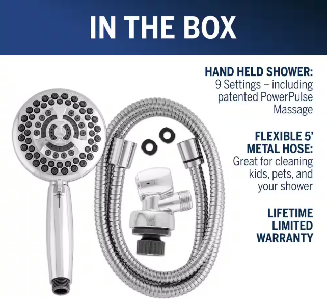 PowerPulse 9-Spray Wall Mount Handheld Shower Head in Chrome