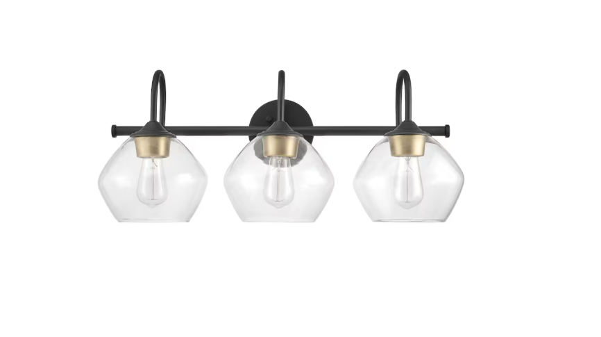 3-Light Vanity Light, Dark Bronze, Antique Brass Accents, Clear Glass Shade