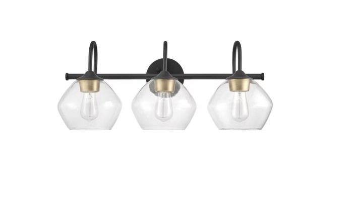 3-Light Vanity Light, Dark Bronze, Antique Brass Accents, Clear Glass Shade