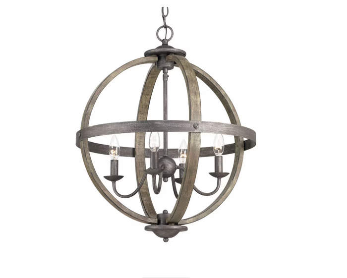4-Light Artisan Iron Farmhouse Globe Candle-Style Chandelier with Elm Wood Accents