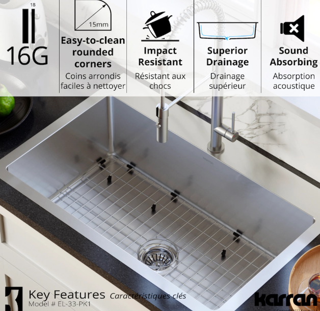 Karran 33 inch Top Mount Single Bowl Stainless Steel Kitchen Sink Kit
