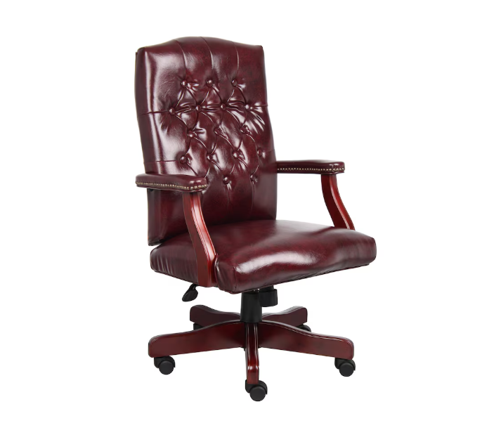 Traditional Executive Chair, Burgeundy Vinyl, Mahogany Wood Frame