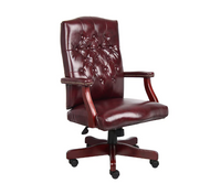 Traditional Executive Chair, Burgeundy Vinyl, Mahogany Wood Frame