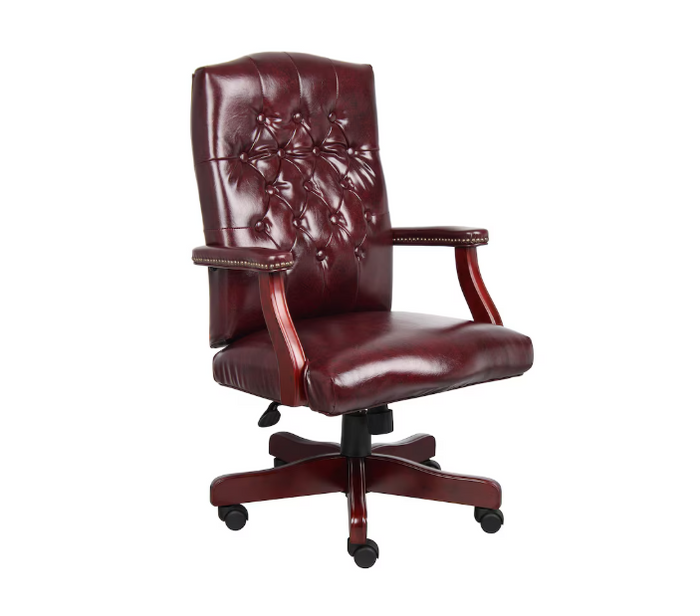 Traditional Executive Chair, Burgeundy Vinyl, Mahogany Wood Frame