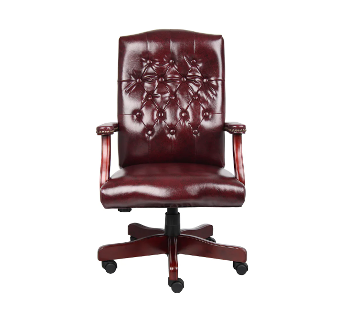 Traditional Executive Chair, Burgeundy Vinyl, Mahogany Wood Frame