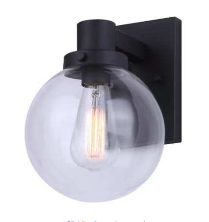 1-light black outdoor wall light with clear glass shade