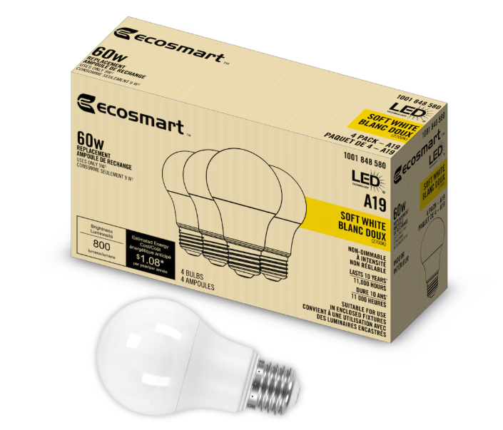 Ecosmart LED 60W A19 Soft White NonDim 4PK