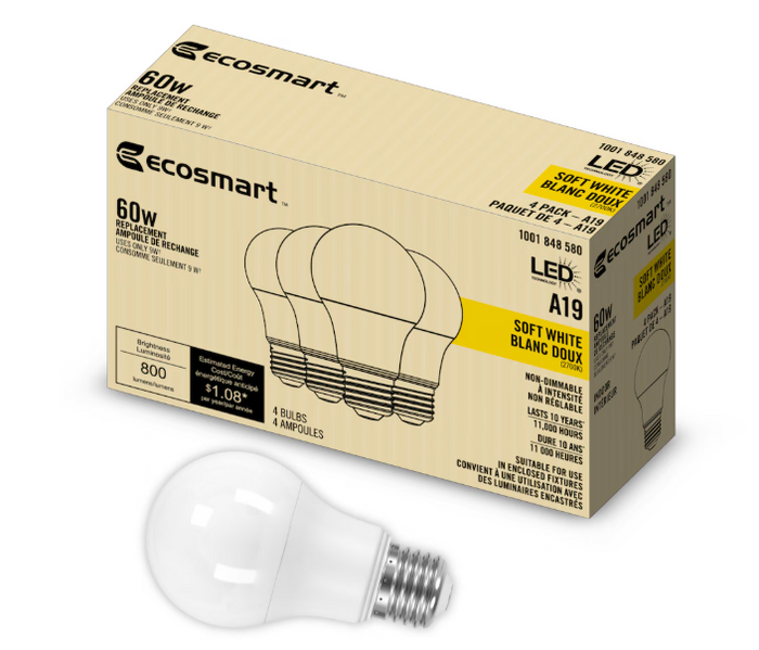 Ecosmart LED 60W A19 Soft White NonDim 4PK