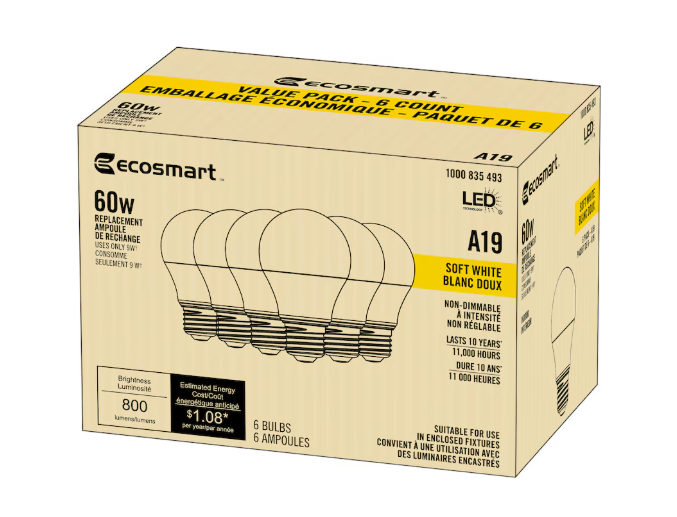 Ecosmart LED A19 E26 60W Equivalent A-Line Light Bulb, Non-Dimmable Soft White (2700K - 2900K) (6-Pack)