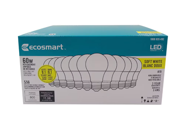 Ecosmart LED A19 E26 60W Equivalent A-Line Light Bulb Non-Dimmable Soft White (2700K - 2900K) (12-Pack)