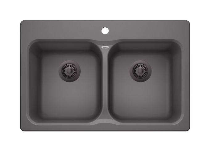 Blanco VISION SILGRANIT 31 in. 50/50 Double Bowl Drop-In/Undermount Kitchen Sink with Colour-Matched Basket Strainer - Cinder