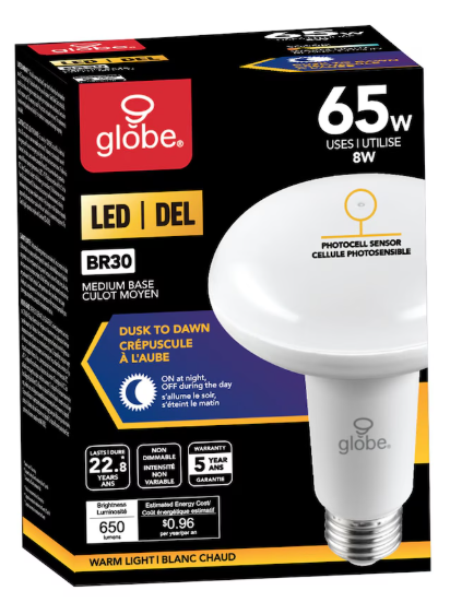 Globe Electric 65 Watt Equivalent BR30 Dusk to Dawn Outdoor Indoor LED Reflector Bulb, Soft White (3000K)