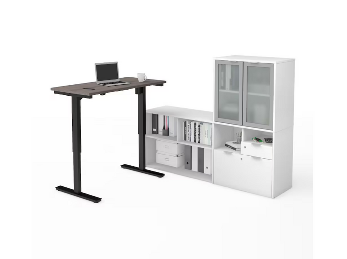 Height Adjustable L-Desk with Frosted Glass Door Hutch in Bark Gray & White