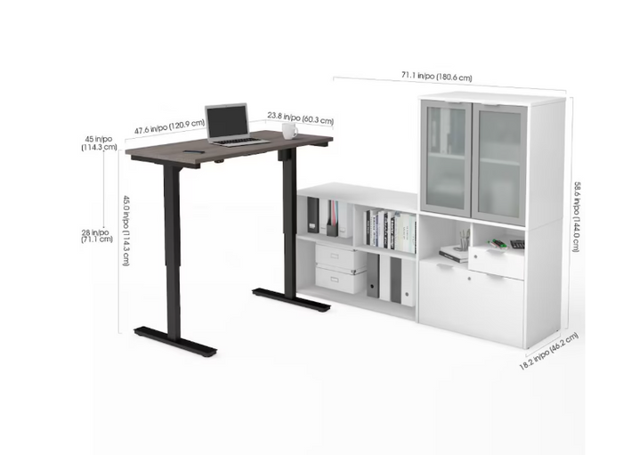 Height Adjustable L-Desk with Frosted Glass Door Hutch in Bark Gray & White