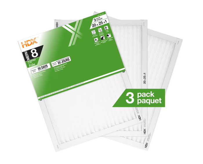 HDX 20x25x1 Air Filter, Household Allergens, Pleated, MERV 8, MPR 700 (3-Pack)