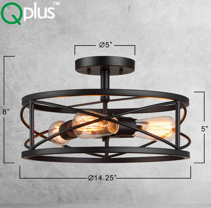 14.25 Inch Vintage Semi Flush Mount Ceiling Light Fixture