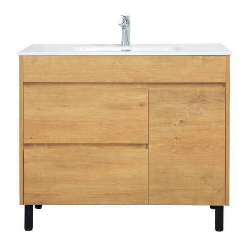 Scilla Frosted Oak Freestanding Vanity with Soft Close Drawers and White Ceramic Top