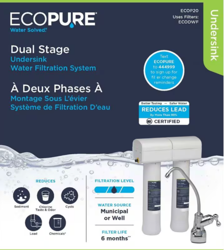 EcoPure Dual Stage Undersink Chlorine, Lead, and Microbe Water Filtration System