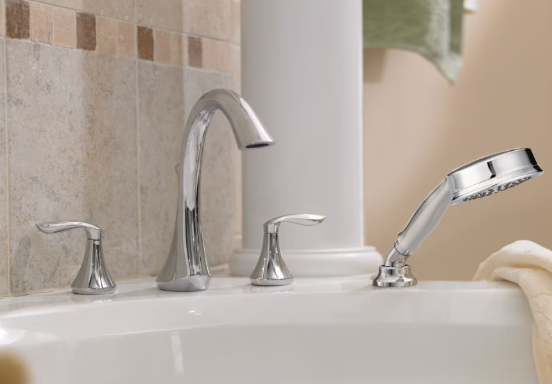 MOEN Eva 2-Handle Deck-Mount Roman Tub Faucet Trim Kit with Handshower in Chrome (Valve Not Included)