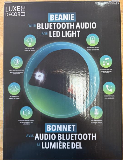 Beanie with Wireless Audio and Built-In LED Light in Black