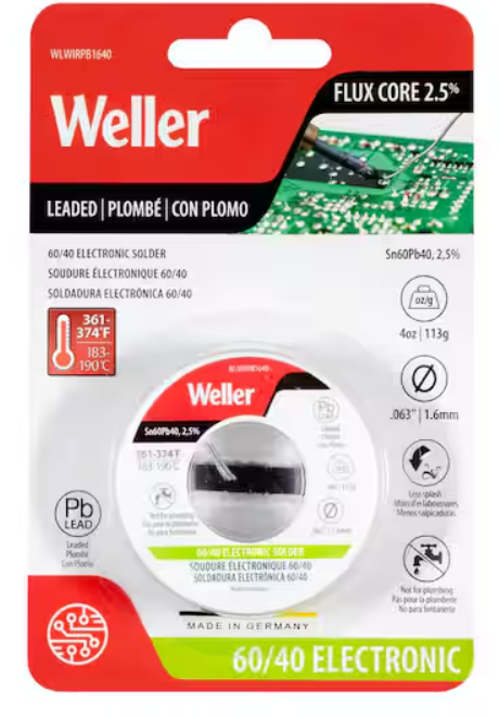60/40 Leaded Electrical Solder Wire 1.6mm/0.063 in., 113g/4 oz.