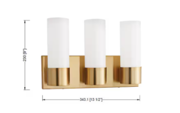 3-Light Bathroom Integrated LED Brushed Gold Vanity Light Linear & Bar White Acrylic Shade