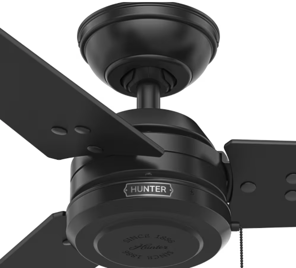 Hunter 52 inch Cassius Matte Black Damp Rated Ceiling Fan and Pull Chain