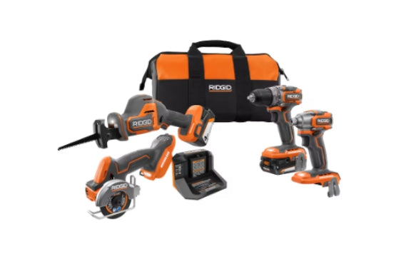 RIDGID 18V SubCompact Brushless Cordless 4-Tool Kit with 2.0 Ah, 4.0 Ah Battery, Charger, and Bag