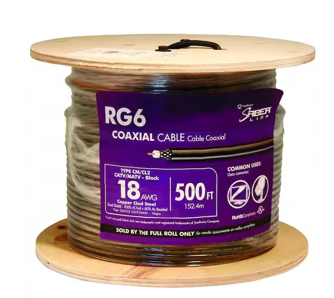 Southwire RG6 Dual Shield CU 500FT CATV/MATV CM/CL2 in Black