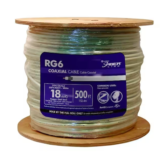 Southwire RG6 Dual Shield CU 500FT CATV/MATV CM/CL2 in White