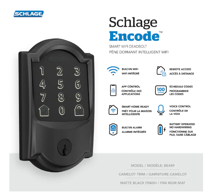 Schlage Camelot Trim Matte Black Encode Smart Lock Deadbolt and Handleset with Accent Lever