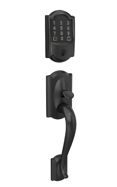 Schlage Camelot Trim Matte Black Encode Smart Lock Deadbolt and Handleset with Accent Lever