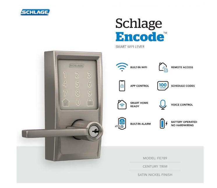 Schlage Encode Smart Lock Wifi Lever Century Satin Nickel