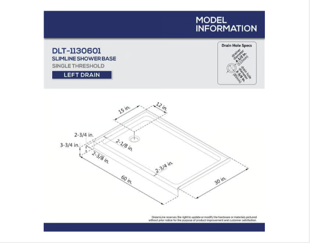 SlimLine 30 x 60 x 2 3/4 Left Drain Single Threshold Shower Base in Black