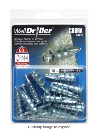 COBRA ANCHORS Walldriller zinc self drilling anchors 8 including screws, made in Canada (X10)