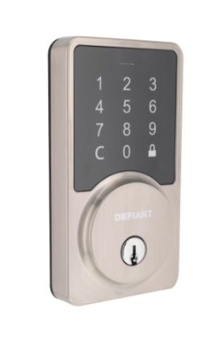 Defiant Square Satin Nickel Smart Electronic Wi-Fi Keyless Entry Deadbolt Works with Google Home & Amazon Alexa Powered by Hubspace