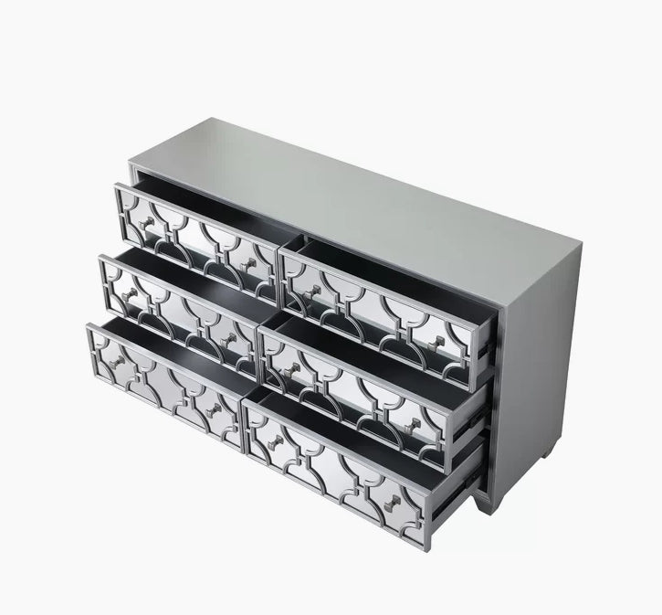 64-in 6-Drawer With Mirrored Fronts Dresser in Silver