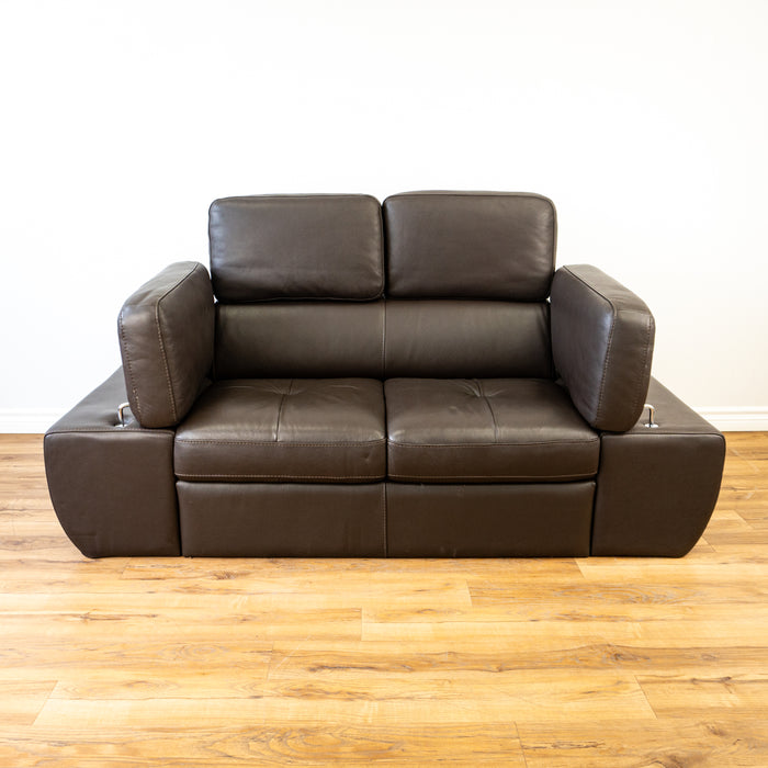 Brown Leather 2-Seater Sofa - Adjustable Headrest and Arms