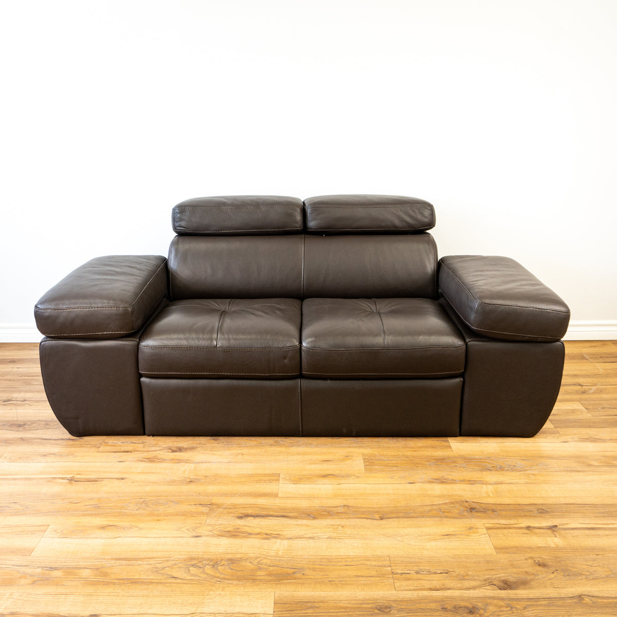 Brown Leather 2-Seater Sofa - Adjustable Headrest and Arms