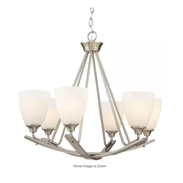 Stansbury Collection 26 in. 6-Light Brushed Nickel Chandelier with Etched Hammered Glass Shades