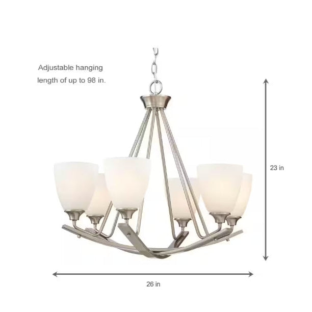 Stansbury Collection 26 in. 6-Light Brushed Nickel Chandelier with Etched Hammered Glass Shades