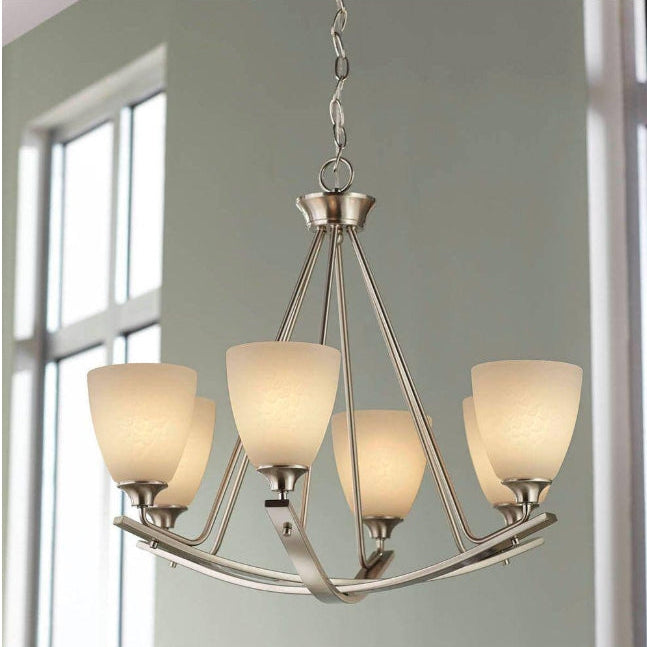 Stansbury Collection 26 in. 6-Light Brushed Nickel Chandelier with Etched Hammered Glass Shades