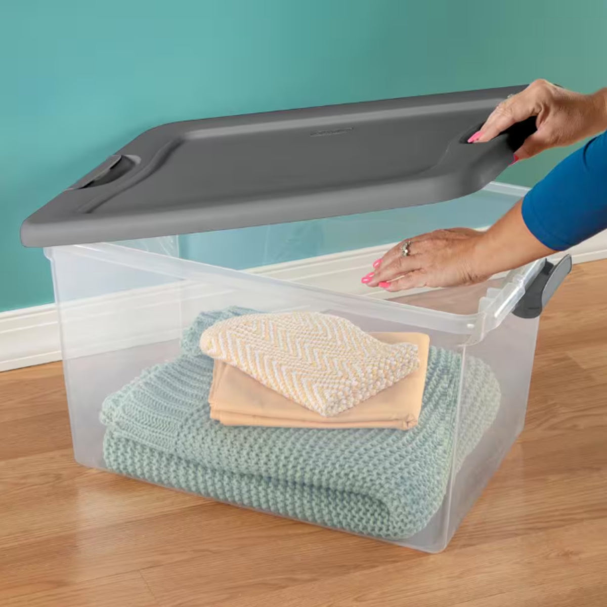 Sterilite Clear Storage Latching Box with Grey Lid in 61L (64 qt.)