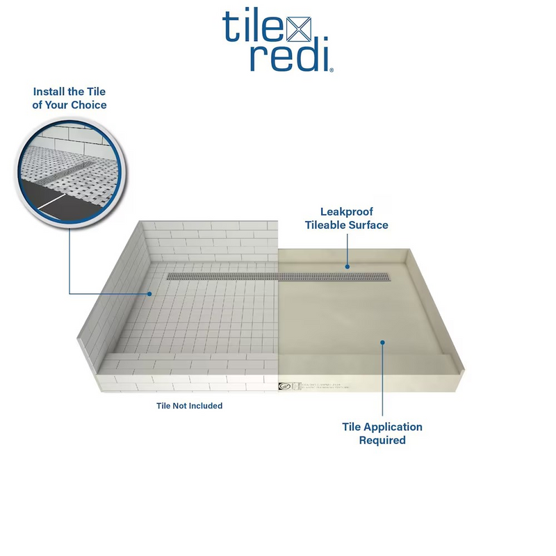 Tile Redi 30 in. x 48 in. Single Threshold Shower Base with Right Drain and Matte Black Trench Grate