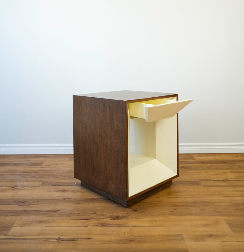 Drexel Walnut Cube End Table With Hidden Drawer