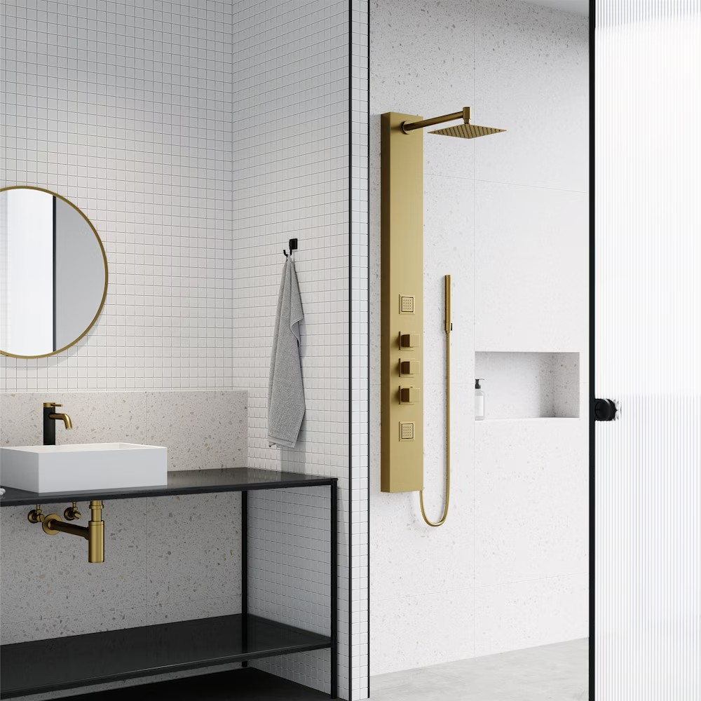 VIGO Rector 55" H x 6" W 2-Jet High Pressure Shower Panel System with Square Fixed Rain Shower Head, Handheld Shower Wand in Matte Brushed Gold